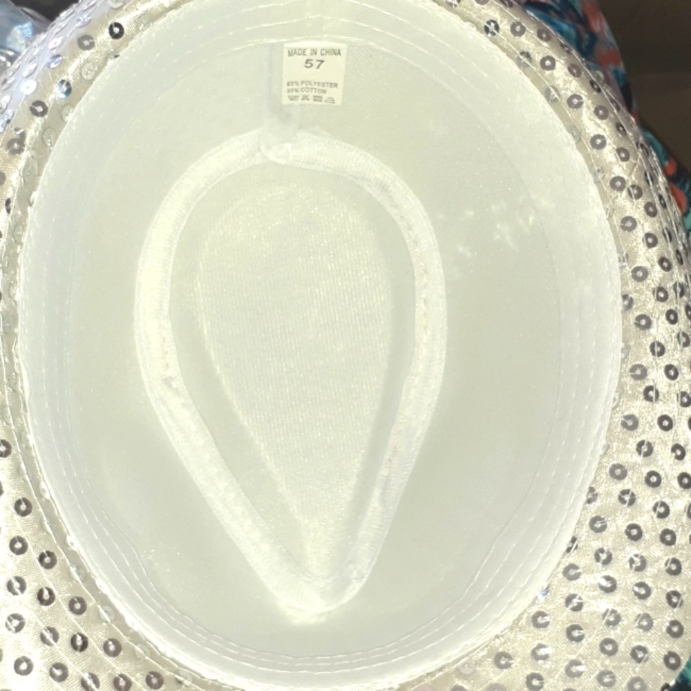 GROOVY GLAM Silver Sequins on White Fedora Unisex Party Hat - Picture 5 of 7